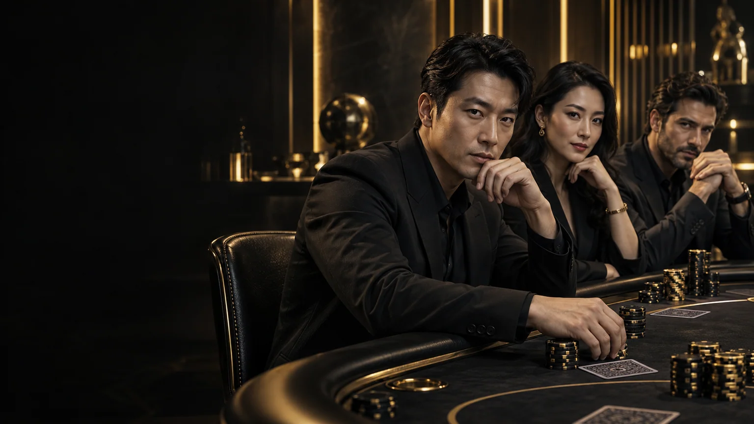 原创品牌人物演绎:黑金牌桌旁专注入席的成年扑克爱好者